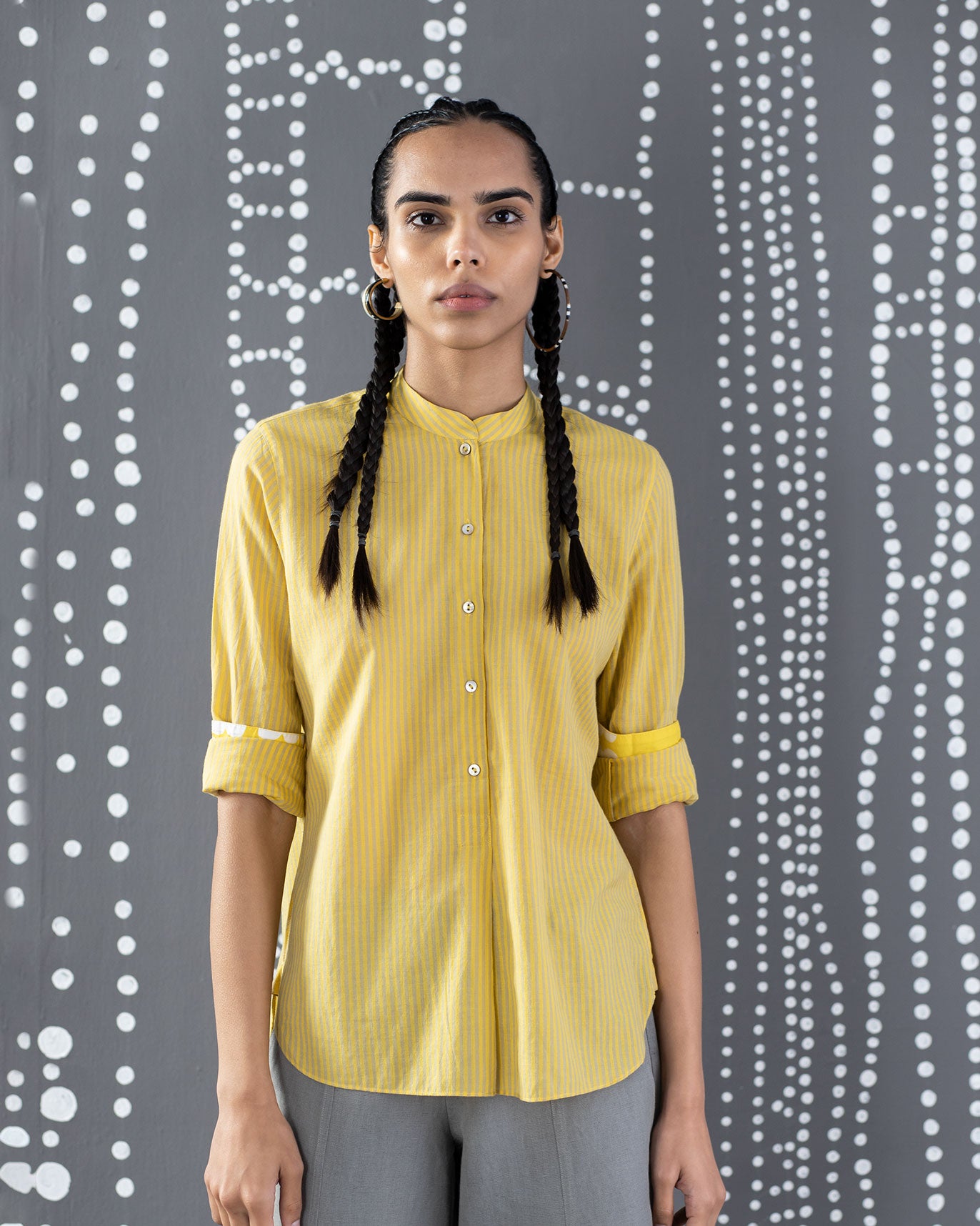 Mandarin Stripe Collar Top - Yellow & Grey