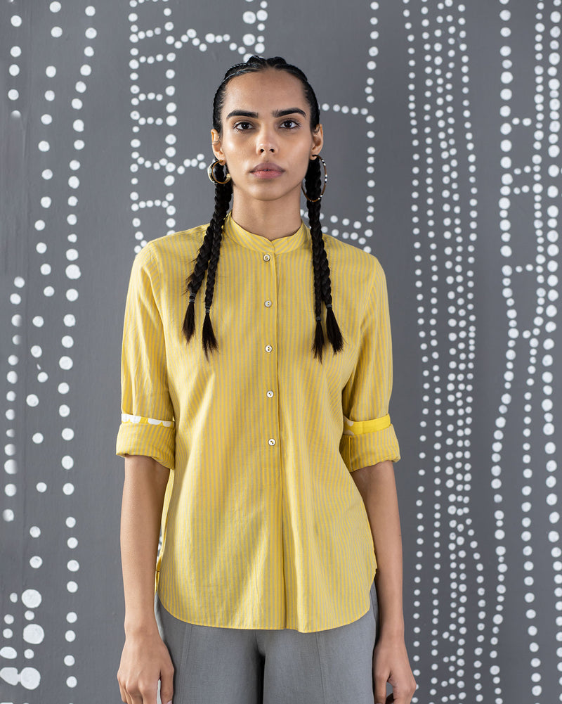 Mandarin Stripe Collar Top - Yellow & Grey