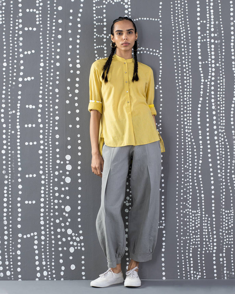 Mandarin Stripe Collar Top - Yellow & Grey