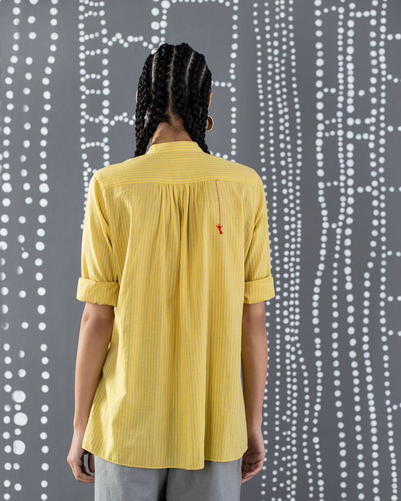 Mandarin Stripe Collar Top - Yellow & Grey