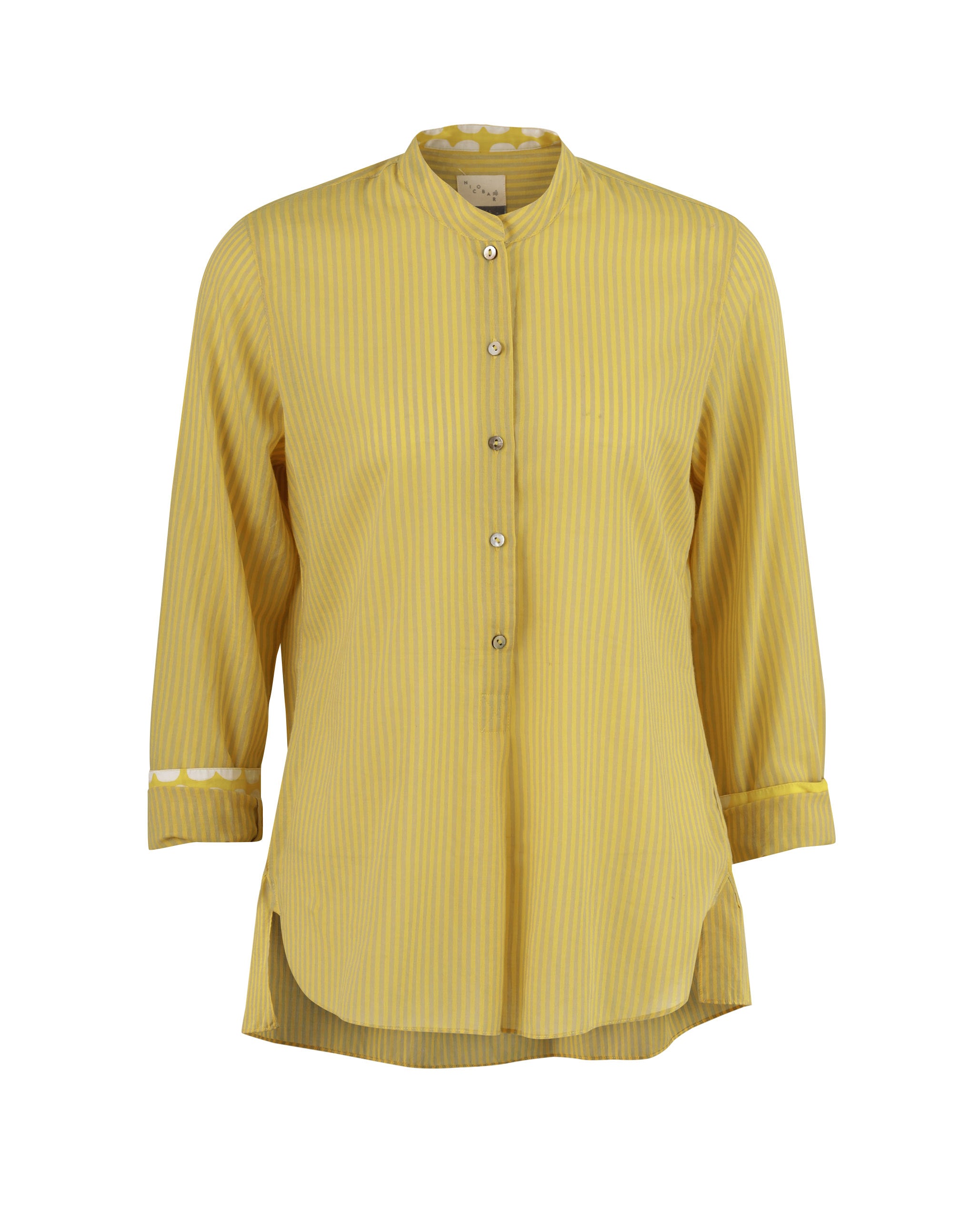 Mandarin Stripe Collar Top - Yellow & Grey