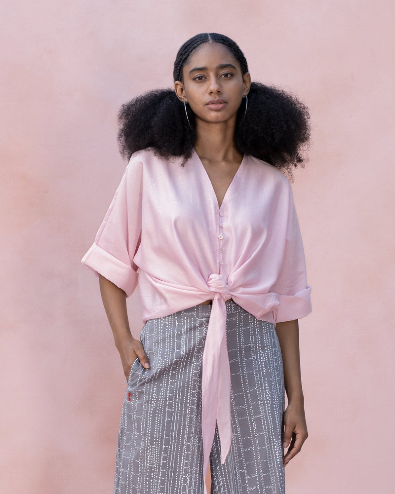 V-Neck Front Knot Top - Pink