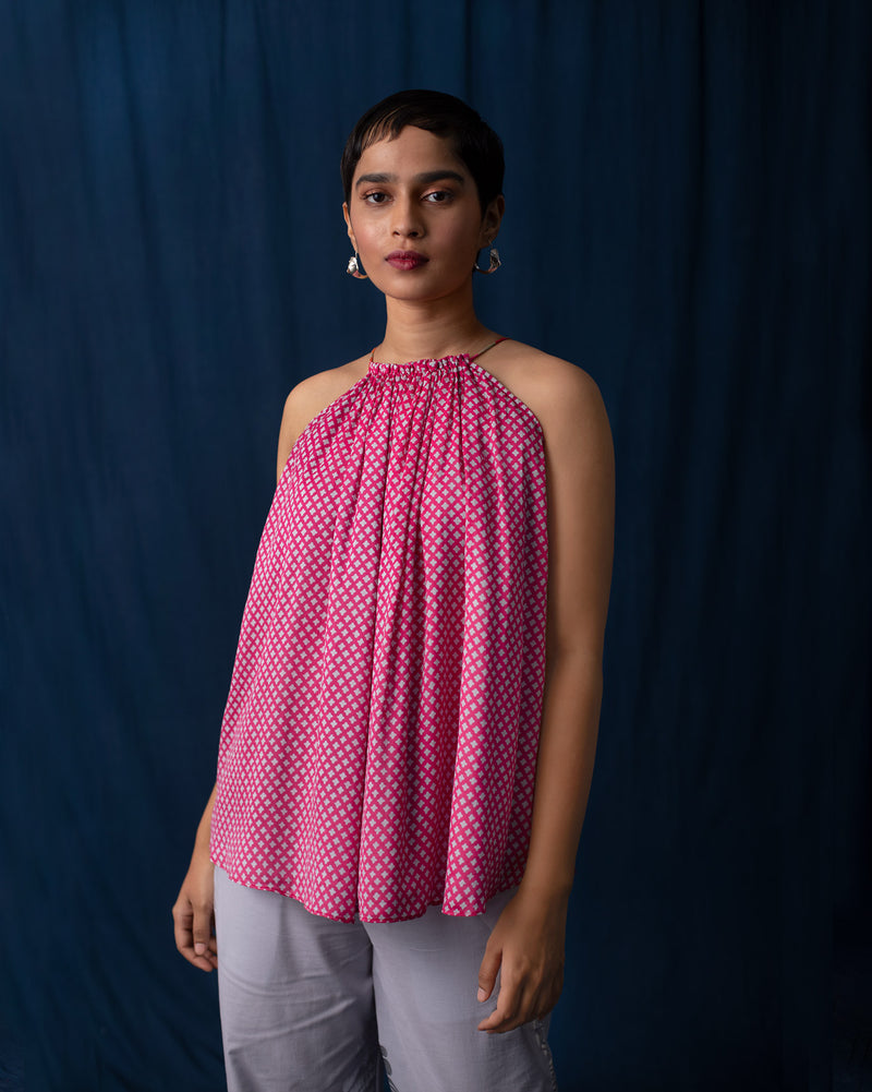 Gathered Halter Top - Pink & Grey