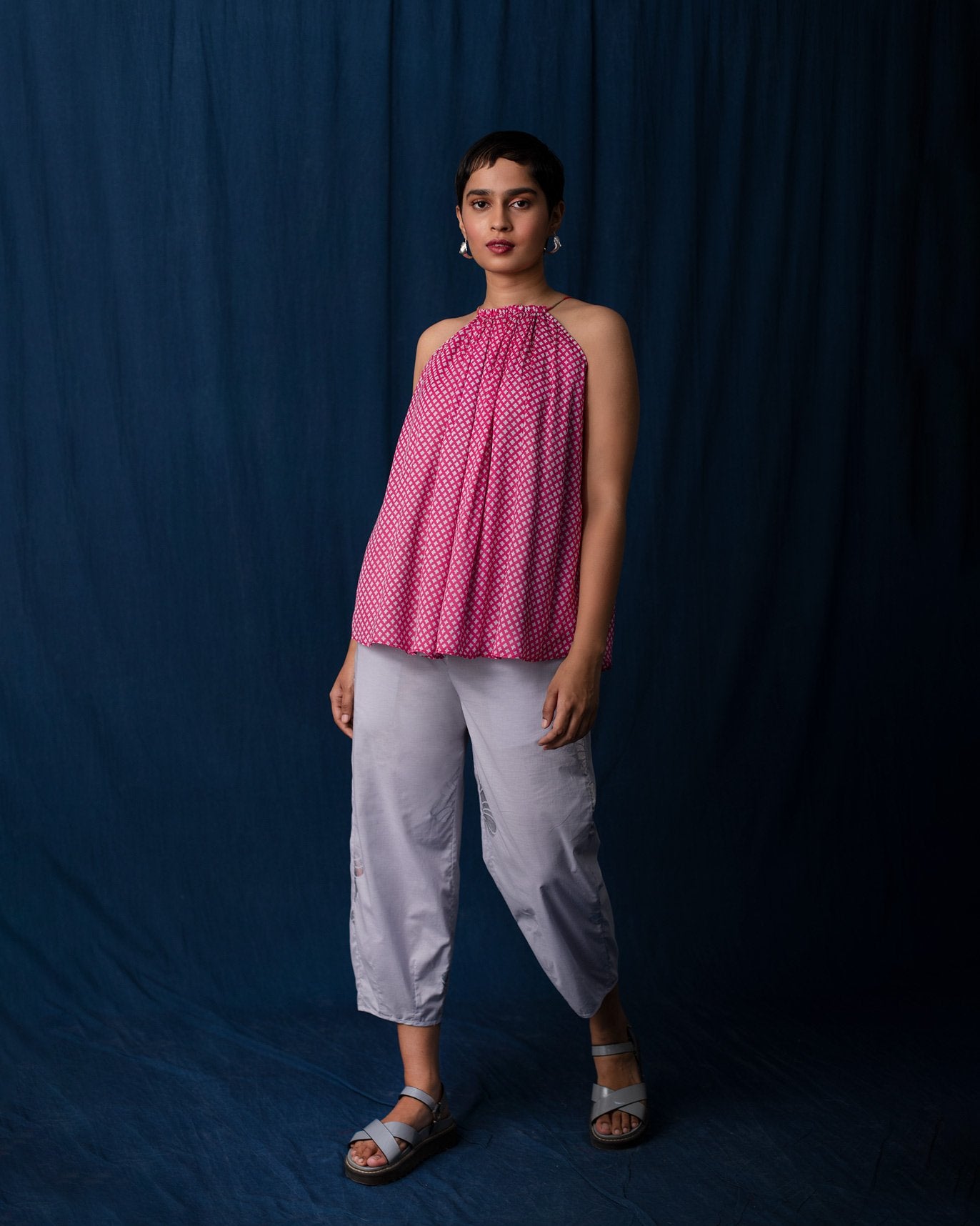 Gathered Halter Top - Pink & Grey
