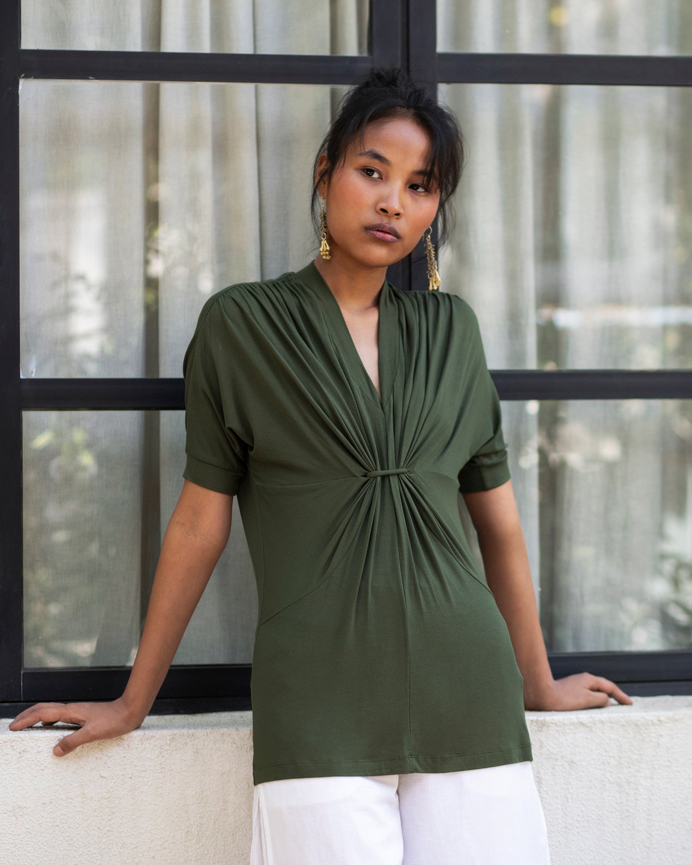 Gathered Jersey Top - Olive
