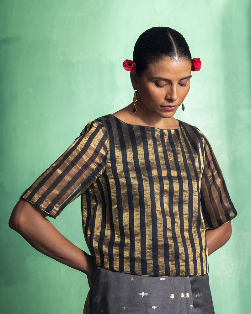 Boat Neck Blouse - Black & Gold Stripes