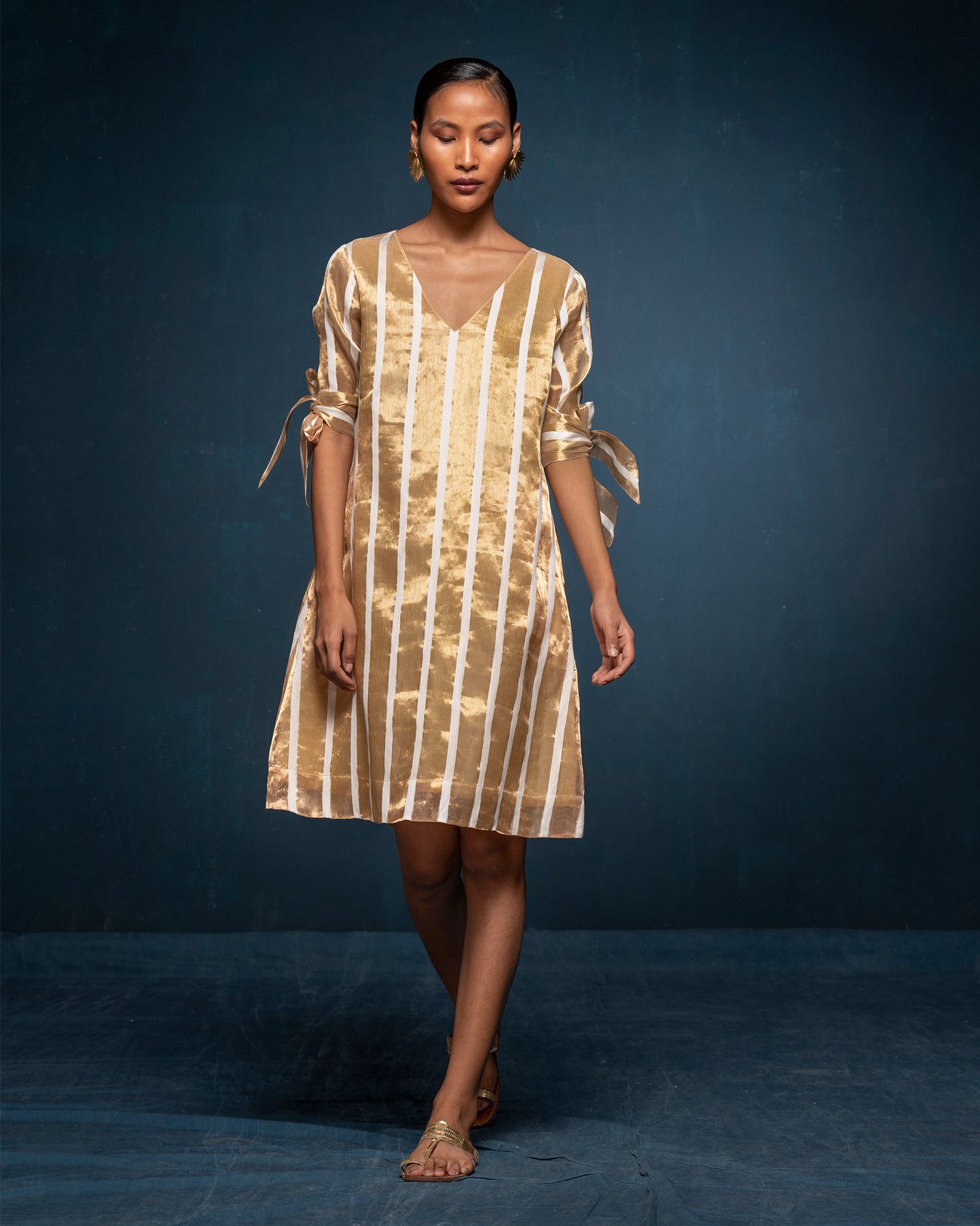 V-Neck Shift Dress - Ivory & Gold Stripes