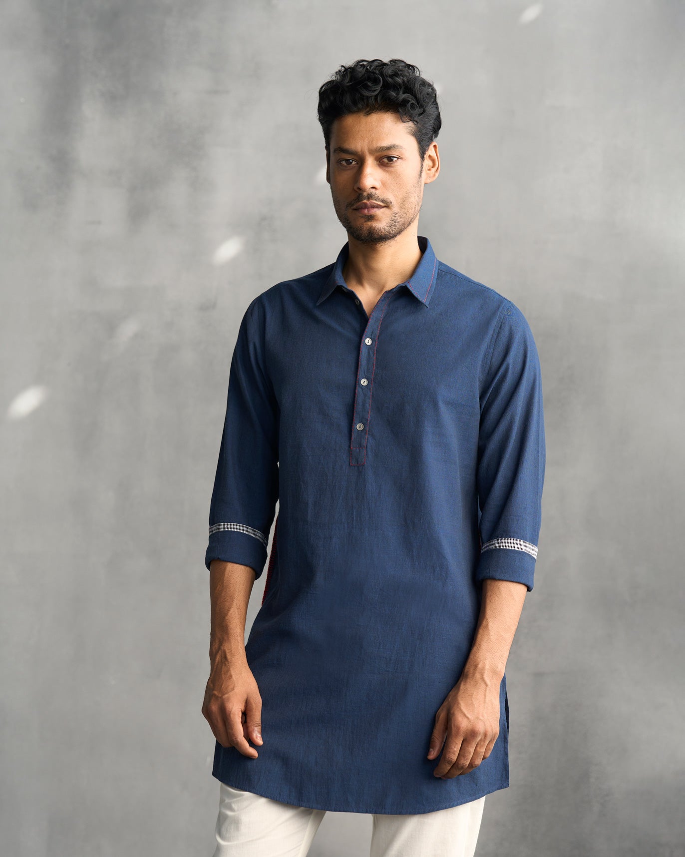 Kantha Stitch Kurta - Navy