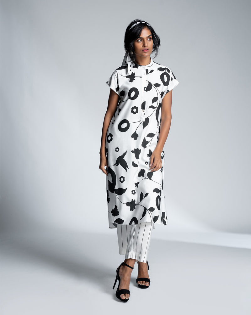Short Sleeve Kurta - Ivory & Black