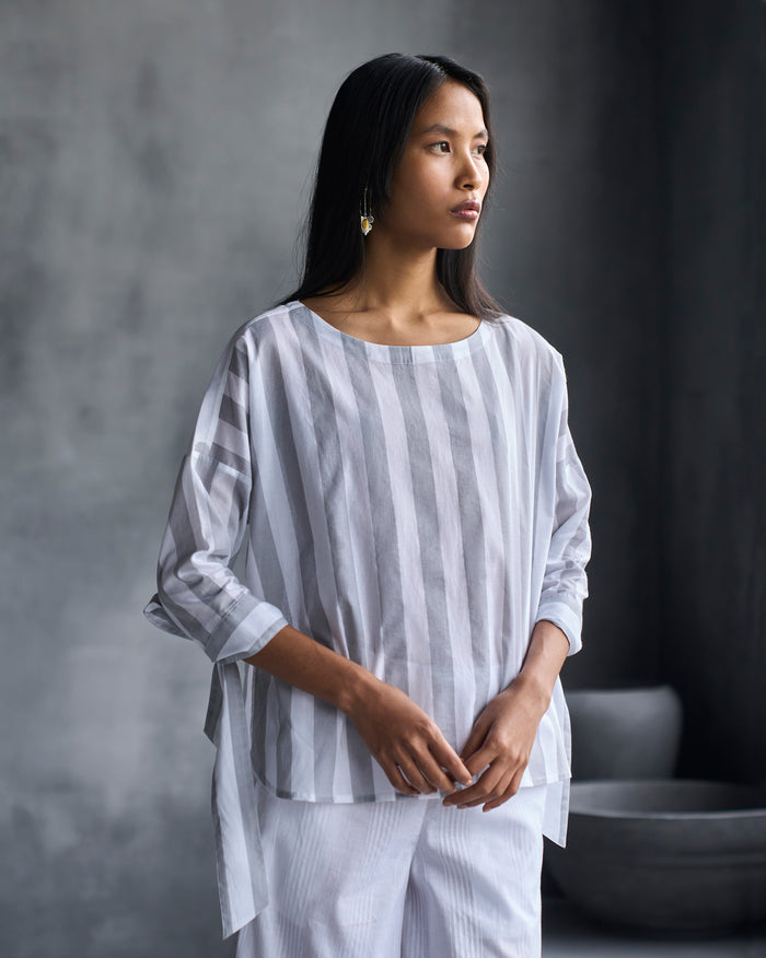 Back Fagotting Top - White & Grey