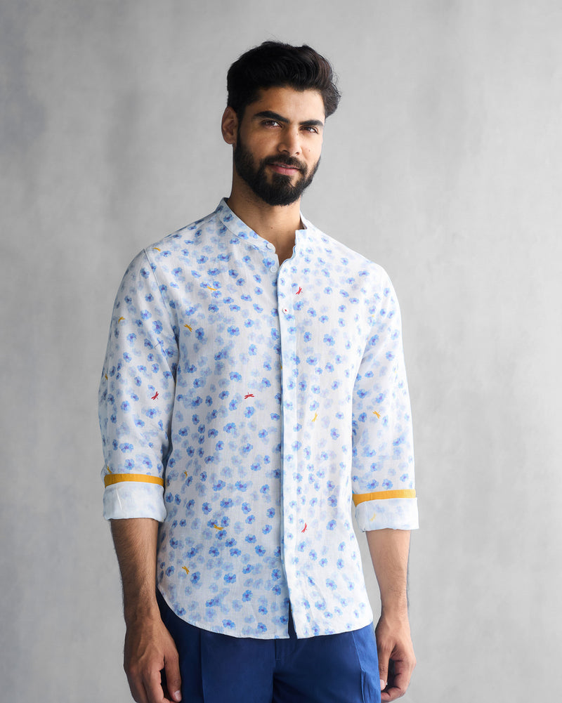 One Button Shirt - White & Blue