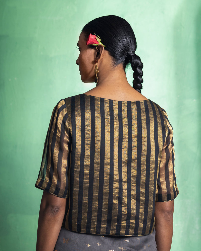 Boat Neck Blouse - Black & Gold Stripes