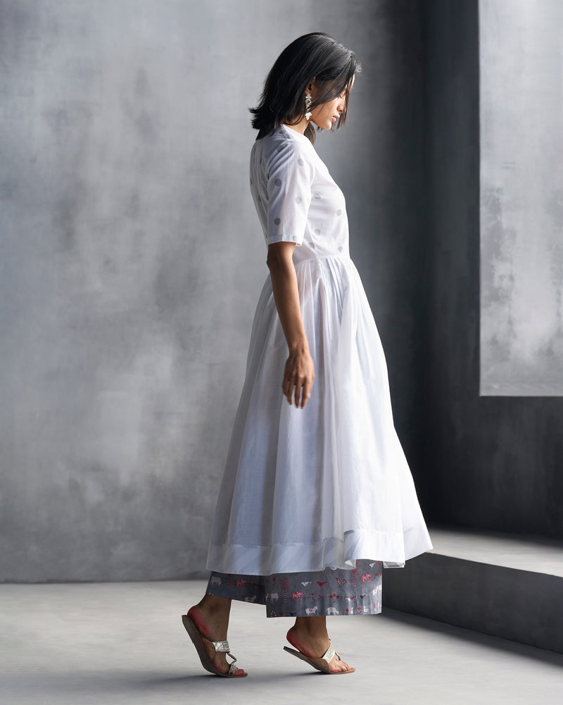 Front Overlap Yoke Kurta - White & Grey