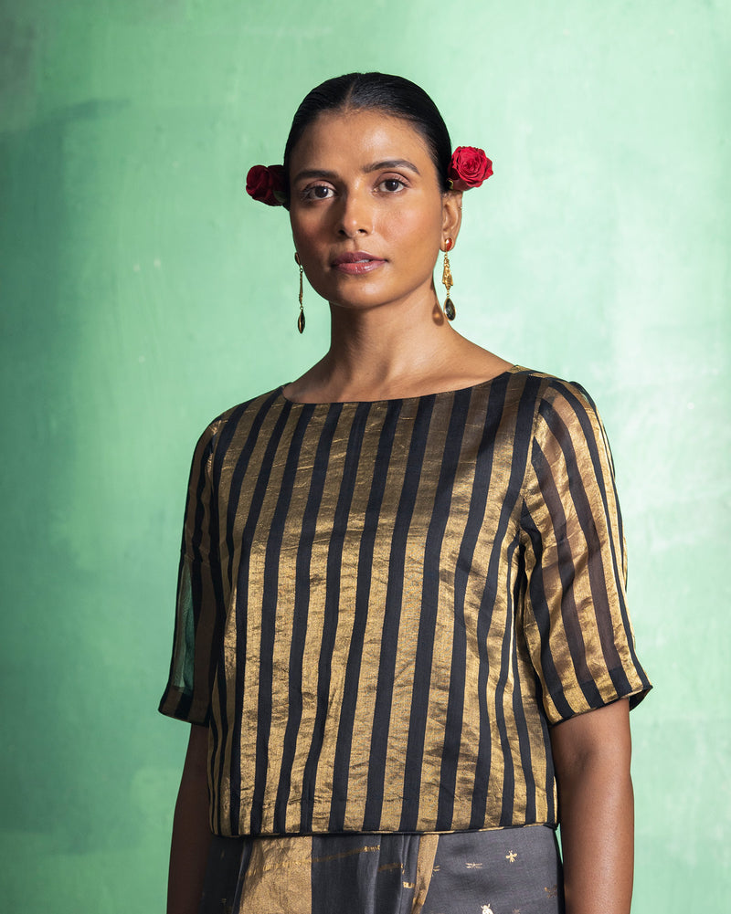 Boat Neck Blouse - Black & Gold Stripes