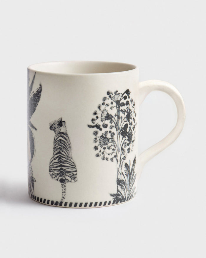 Sher Mug in cream with a black tiger and flowering tree print.