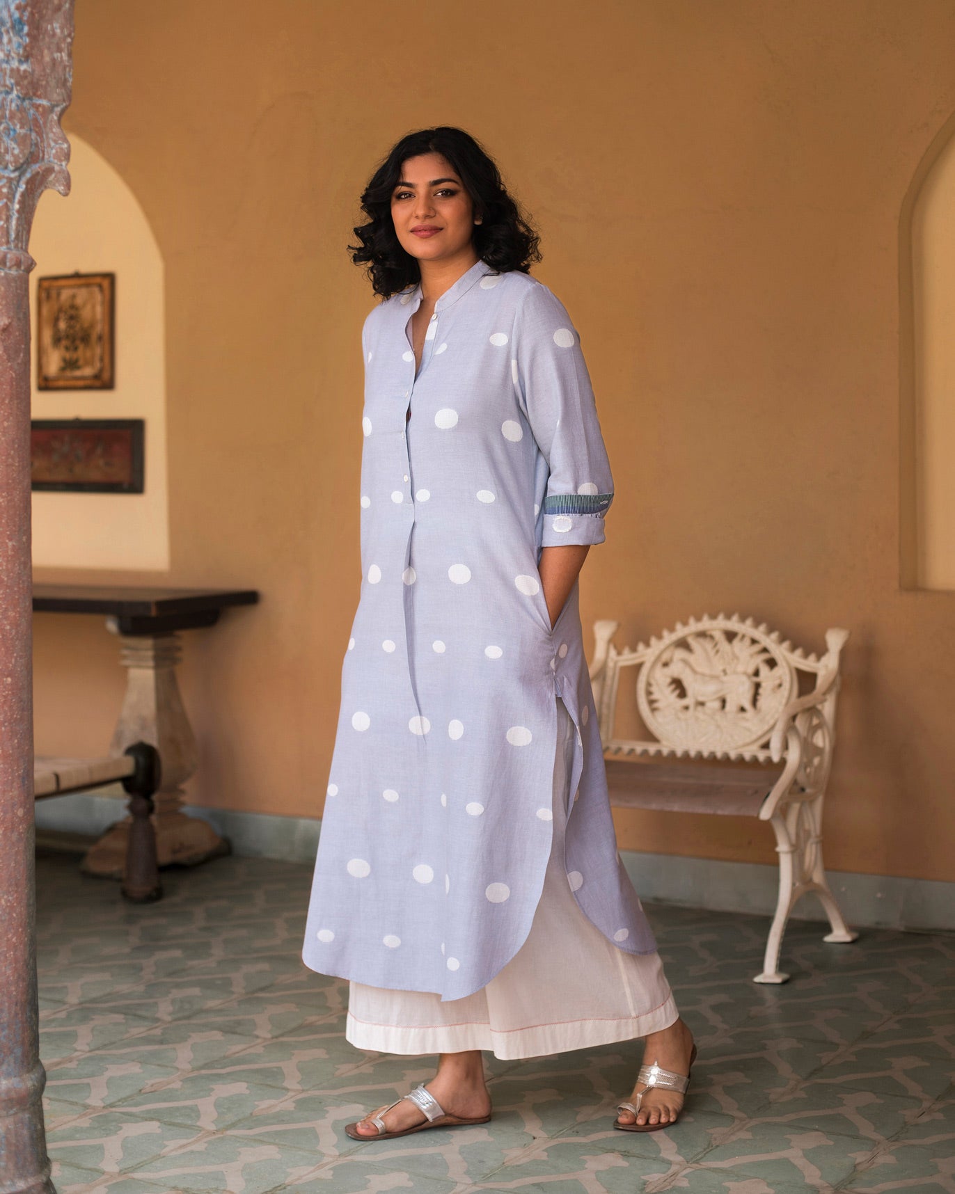 Basic Long Length Kurta - Grey & Ivory