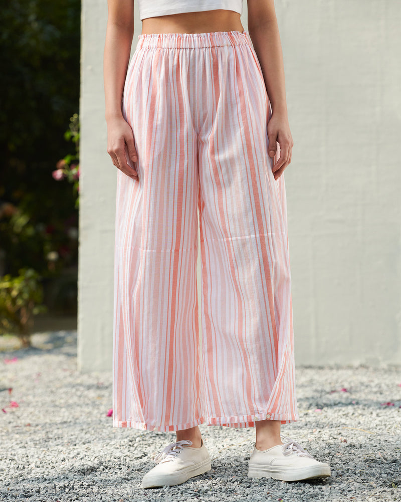 Wide Paper Bag Trousers - Peach & White