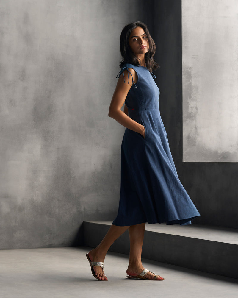 Ruched Shoulder Dress - Blue