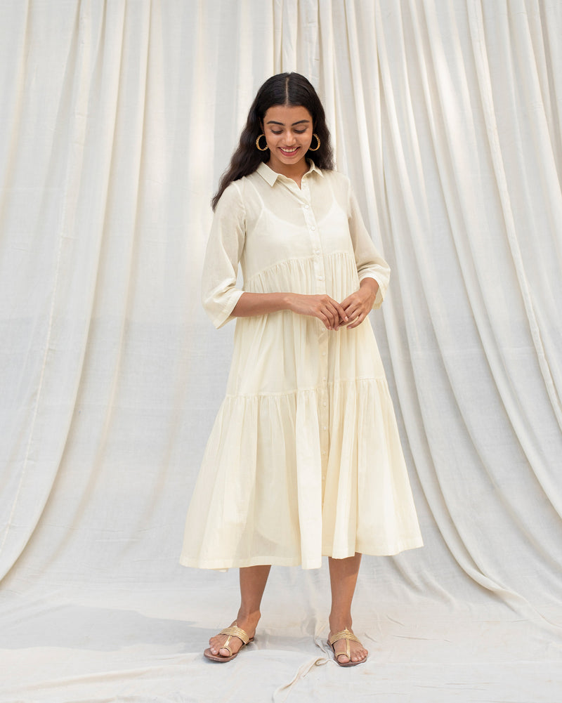 Tiered Shirt Dress with Slip - Ivory