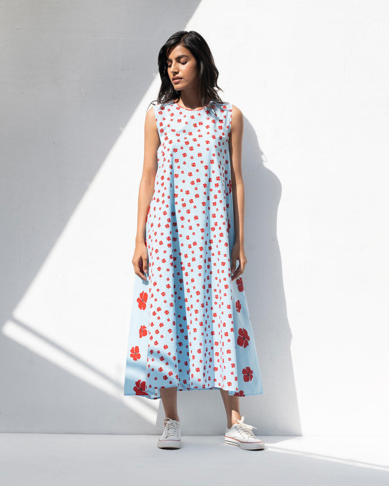 Side Elastic Dress - Blue & Red