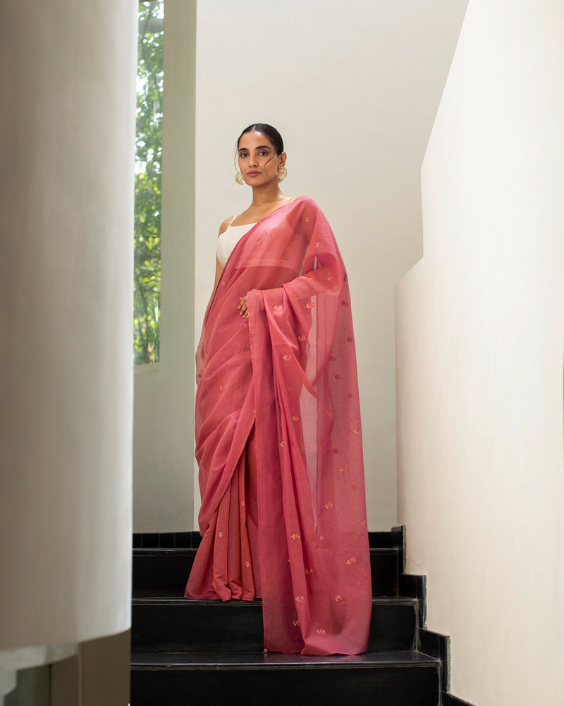 Skyline Sari - Brick Red & Gold