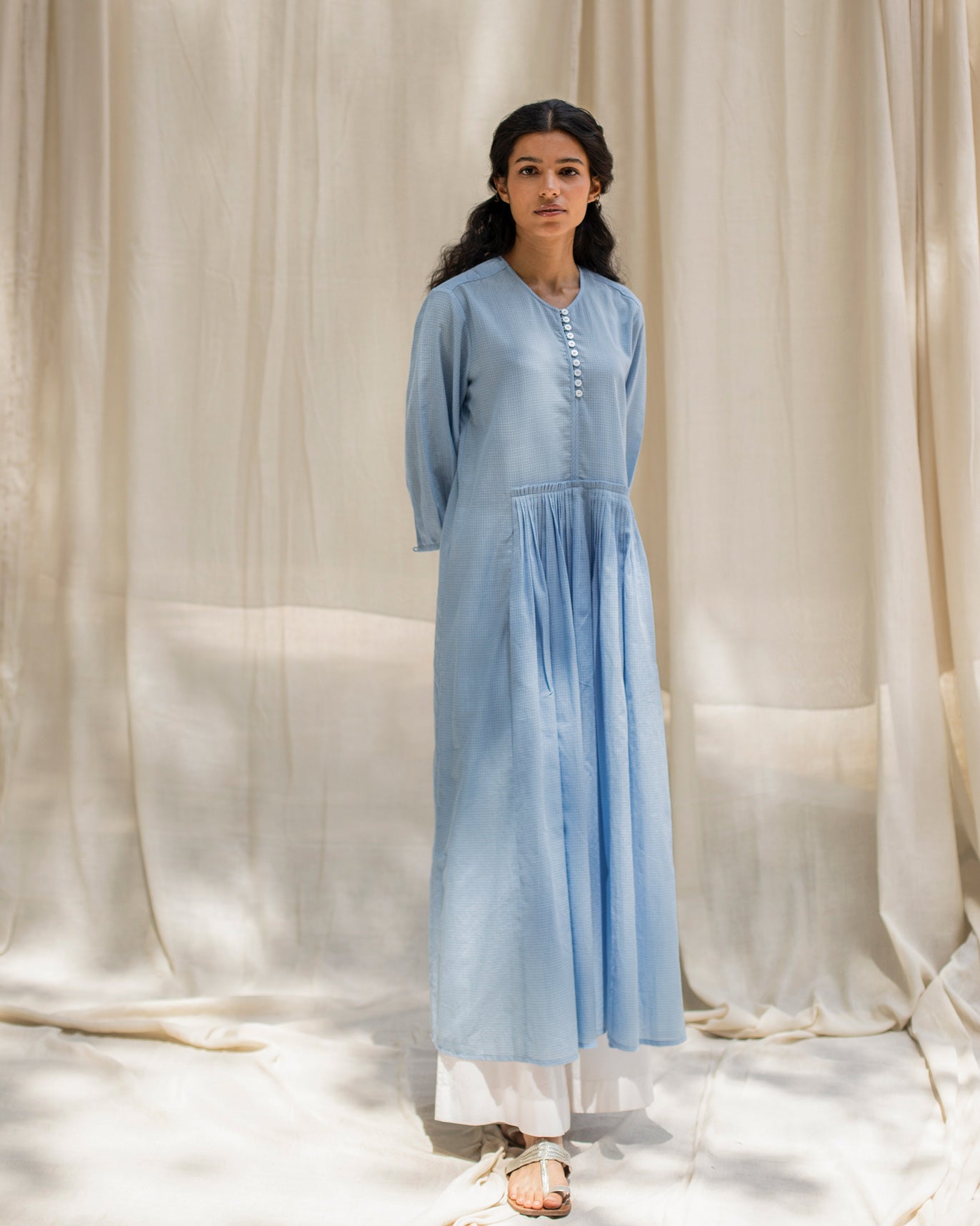 Pleated Waist Kurta - Blue & White