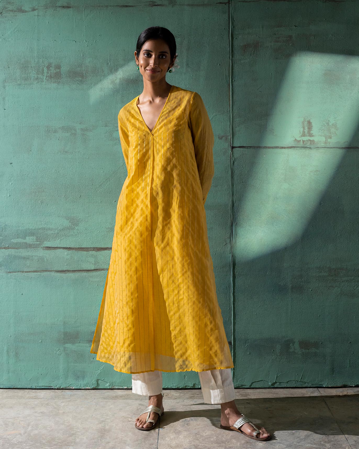 Pleated Kurta & Slip - Yellow & Gold