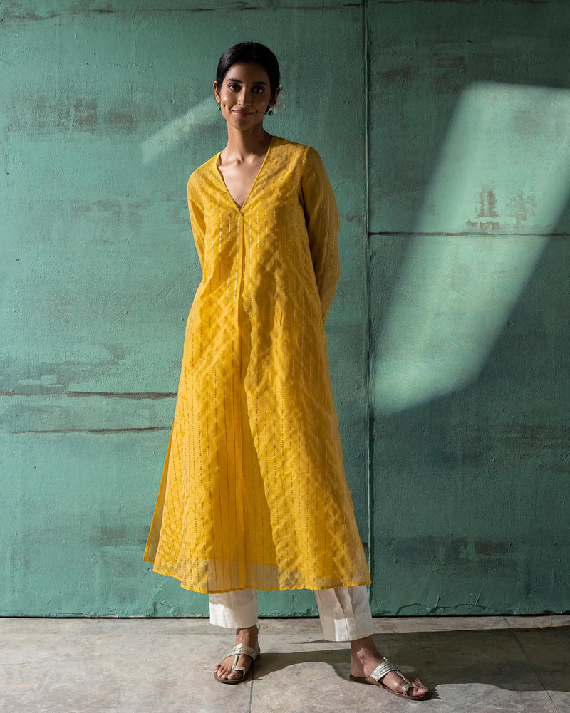 Pleated Kurta & Slip - Yellow & Gold
