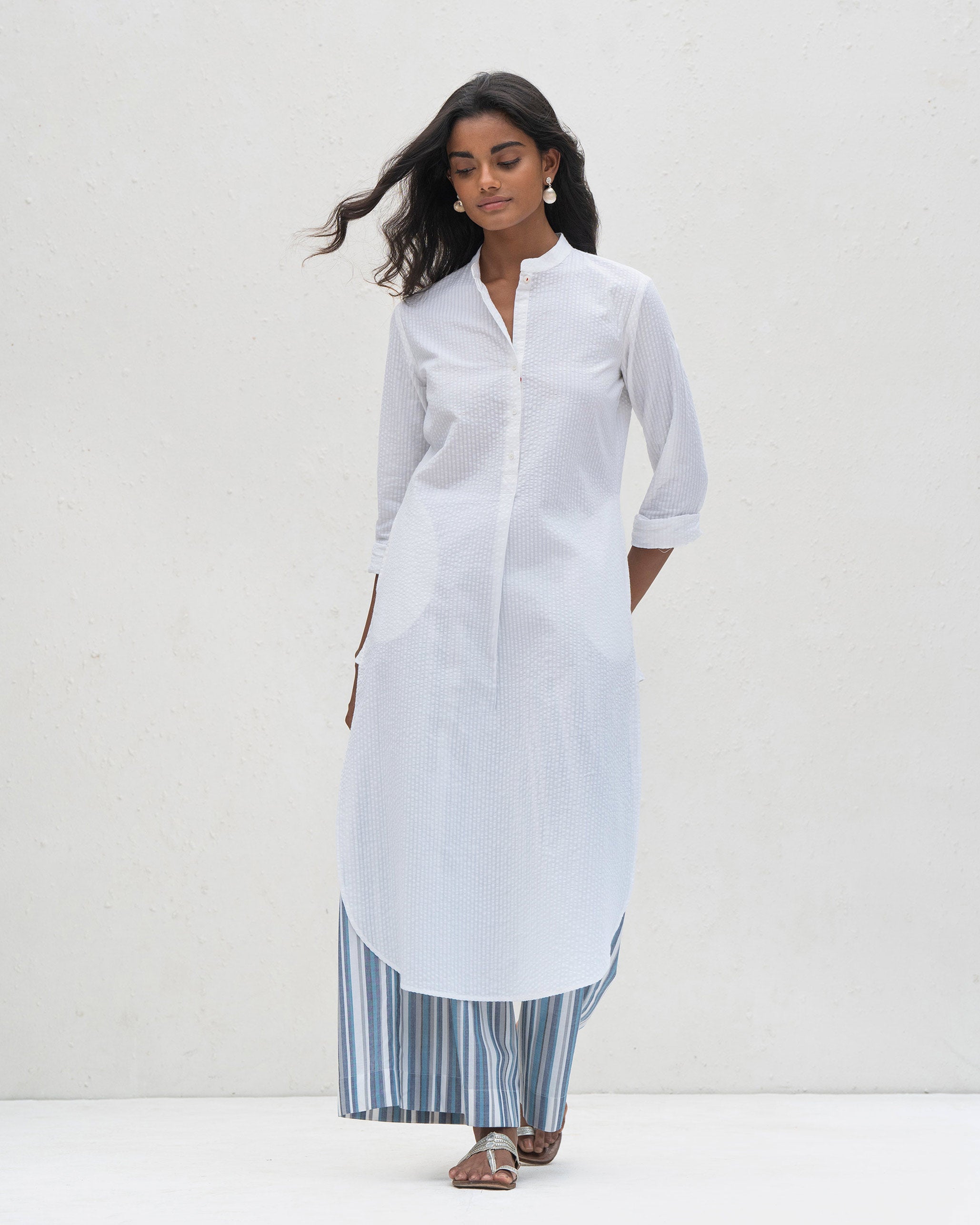 Basic Long Length Kurta - White Seersucker