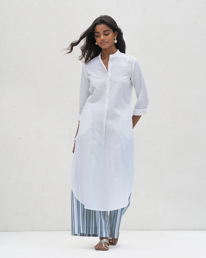 Basic Long Length Kurta - White Seersucker