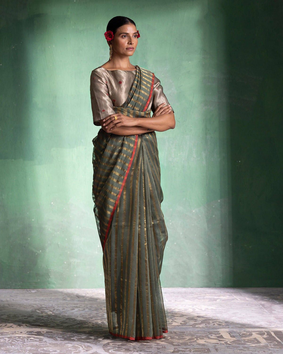 Zari Stripe Sari - Olive & Gold