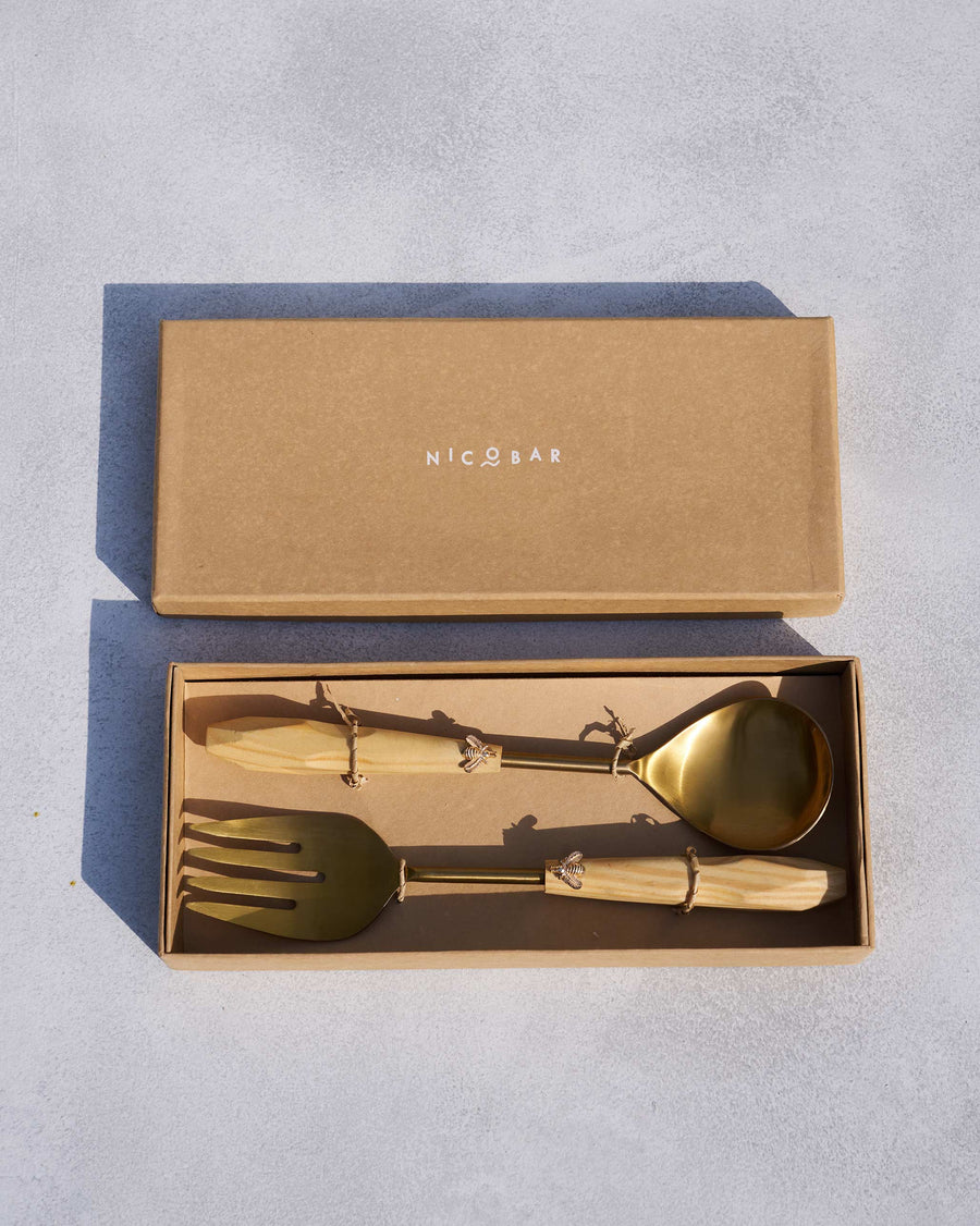 The Bee Salad Servers in their kraft gift box.