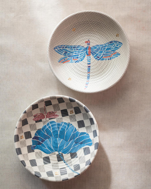 Both bowls from above, a dragonfly and a lotus leaf