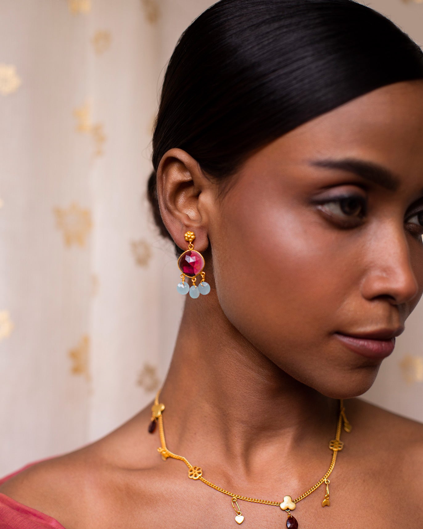Gulab Earrings - Fuchsia & Aqua