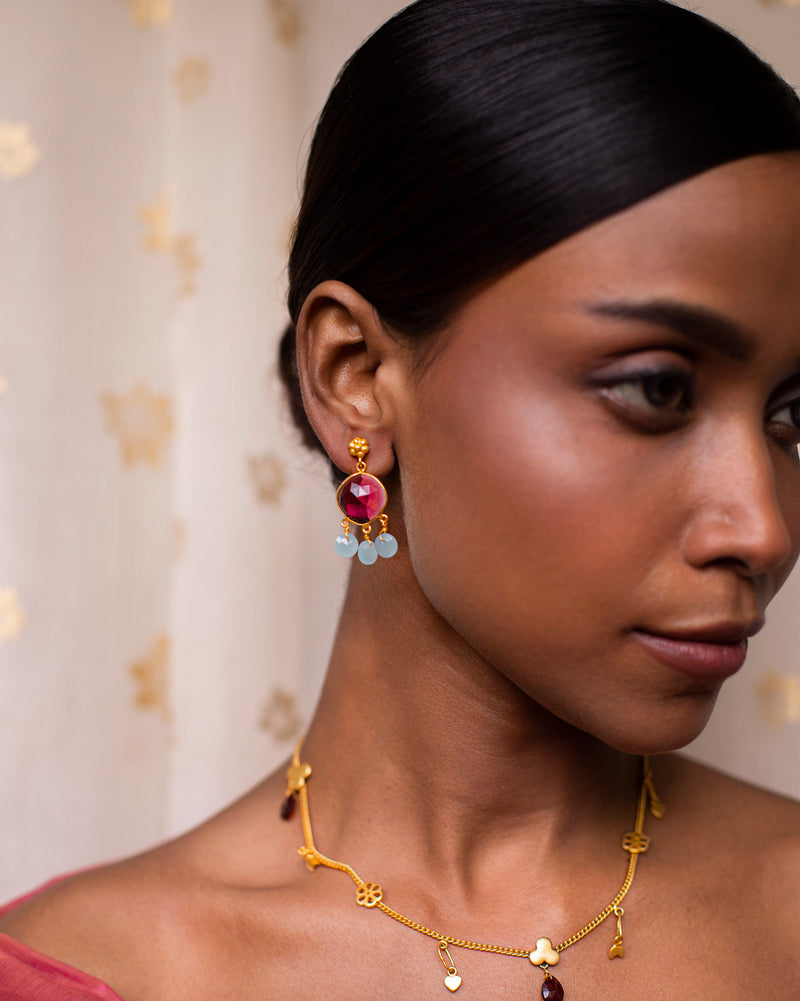 Gulab Earrings - Fuchsia & Aqua