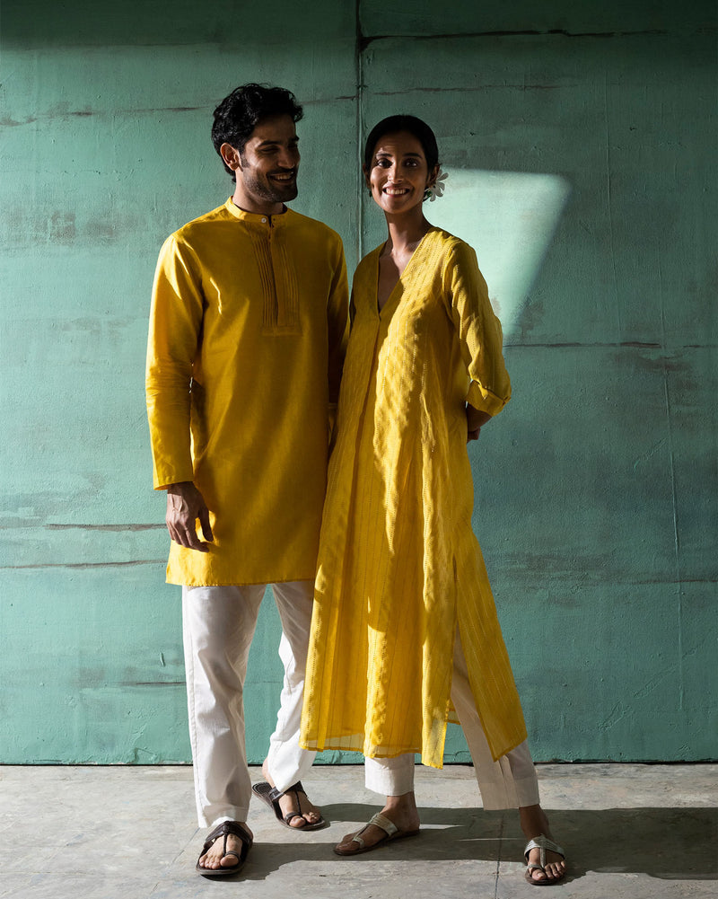 Pleated Kurta & Slip - Yellow & Gold