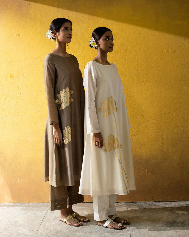 Boat Neck kurta - Ivory & Gold