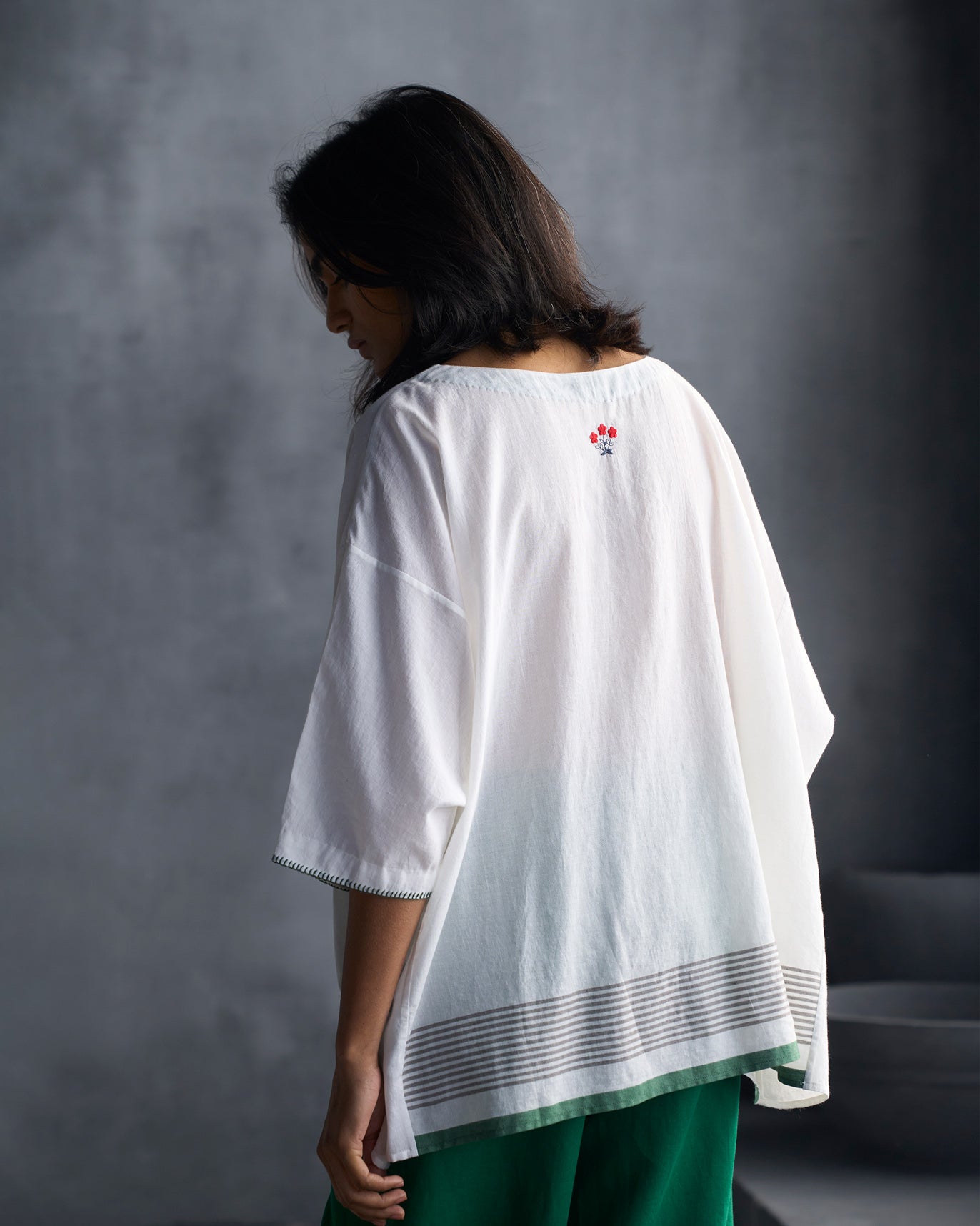 Boat Neck Top - White & Green