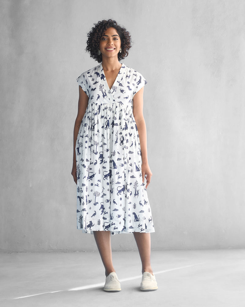 Woodland Dress - White & Navy