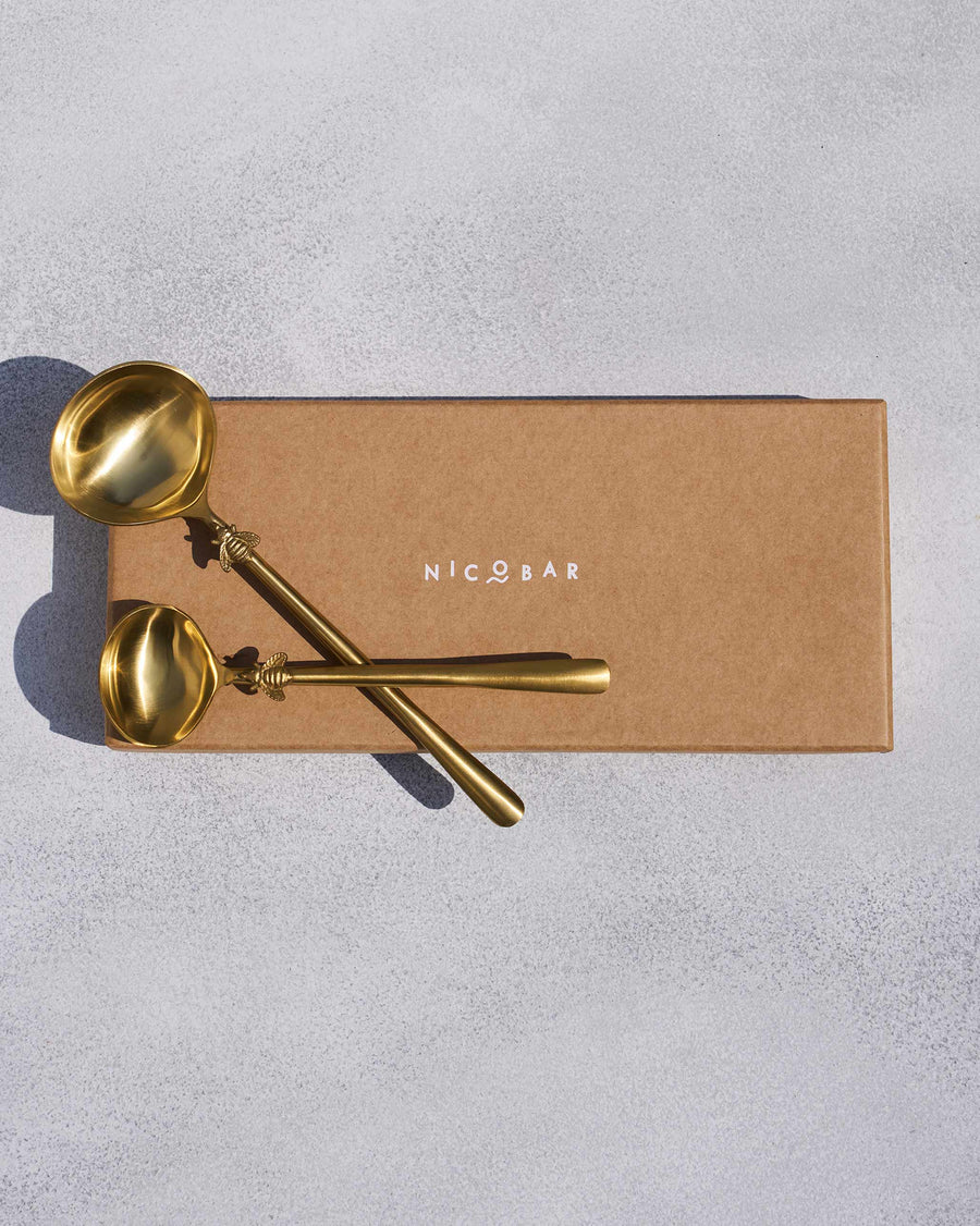 The Firefly Serving Spoons resting on a kraft Nicobar box.