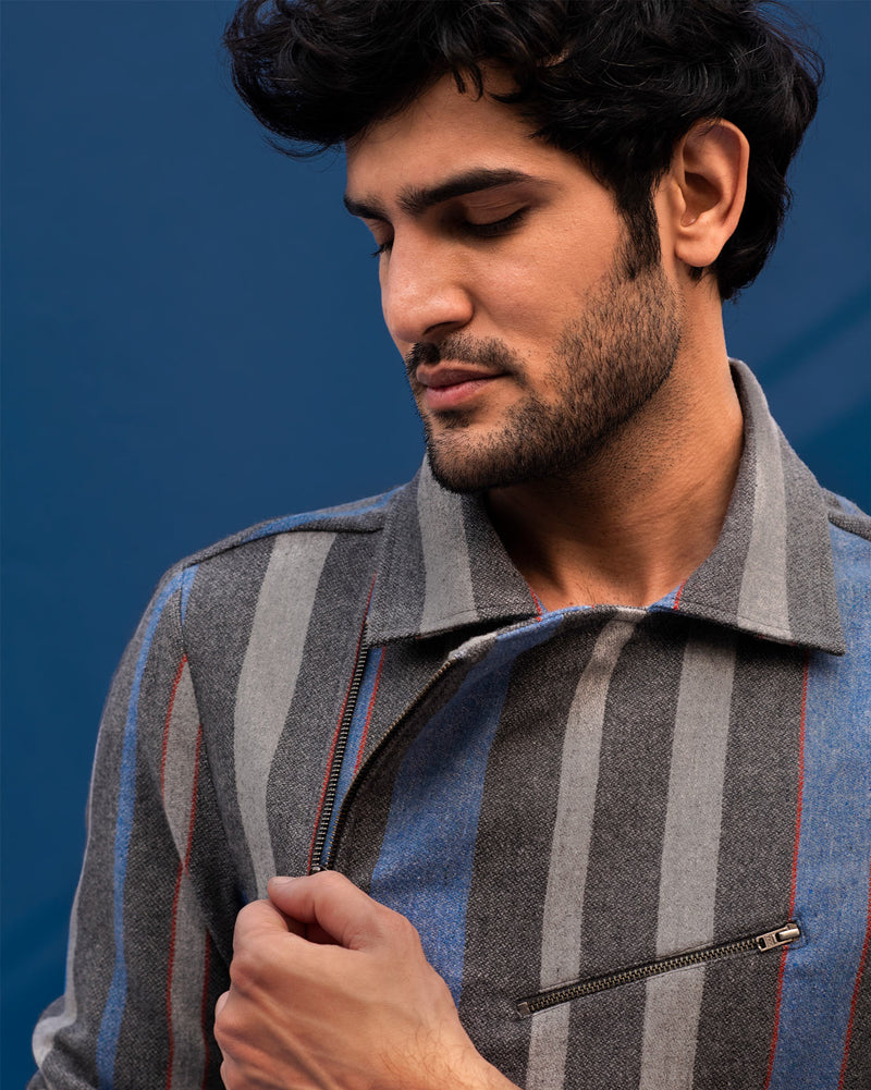 Woolen Knotch collar jacket - Grey and Blue
