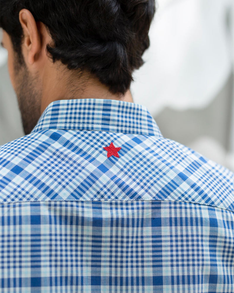 Half Placket Shirt - Blue & Ivory