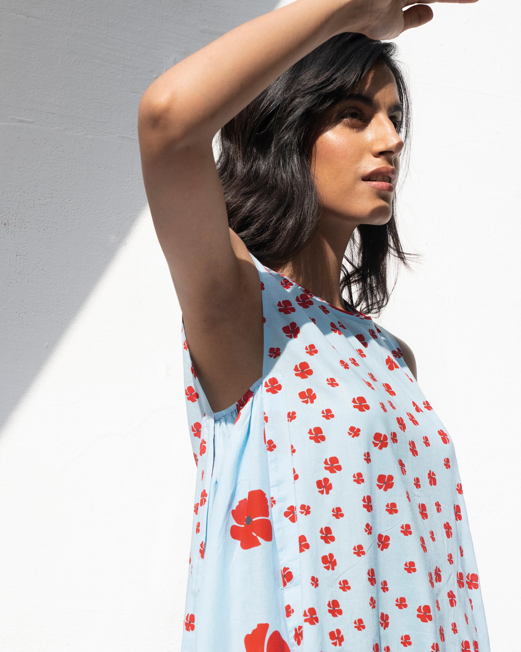 Side Elastic Dress - Blue & Red
