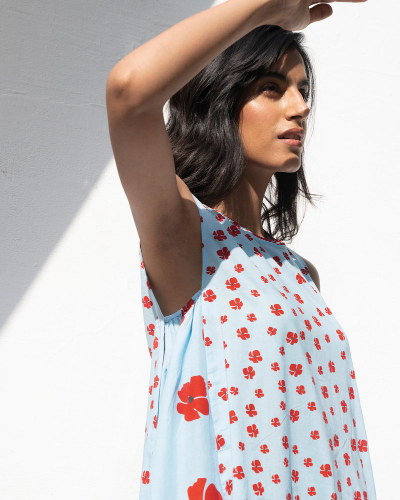 Side Elastic Dress - Blue & Red
