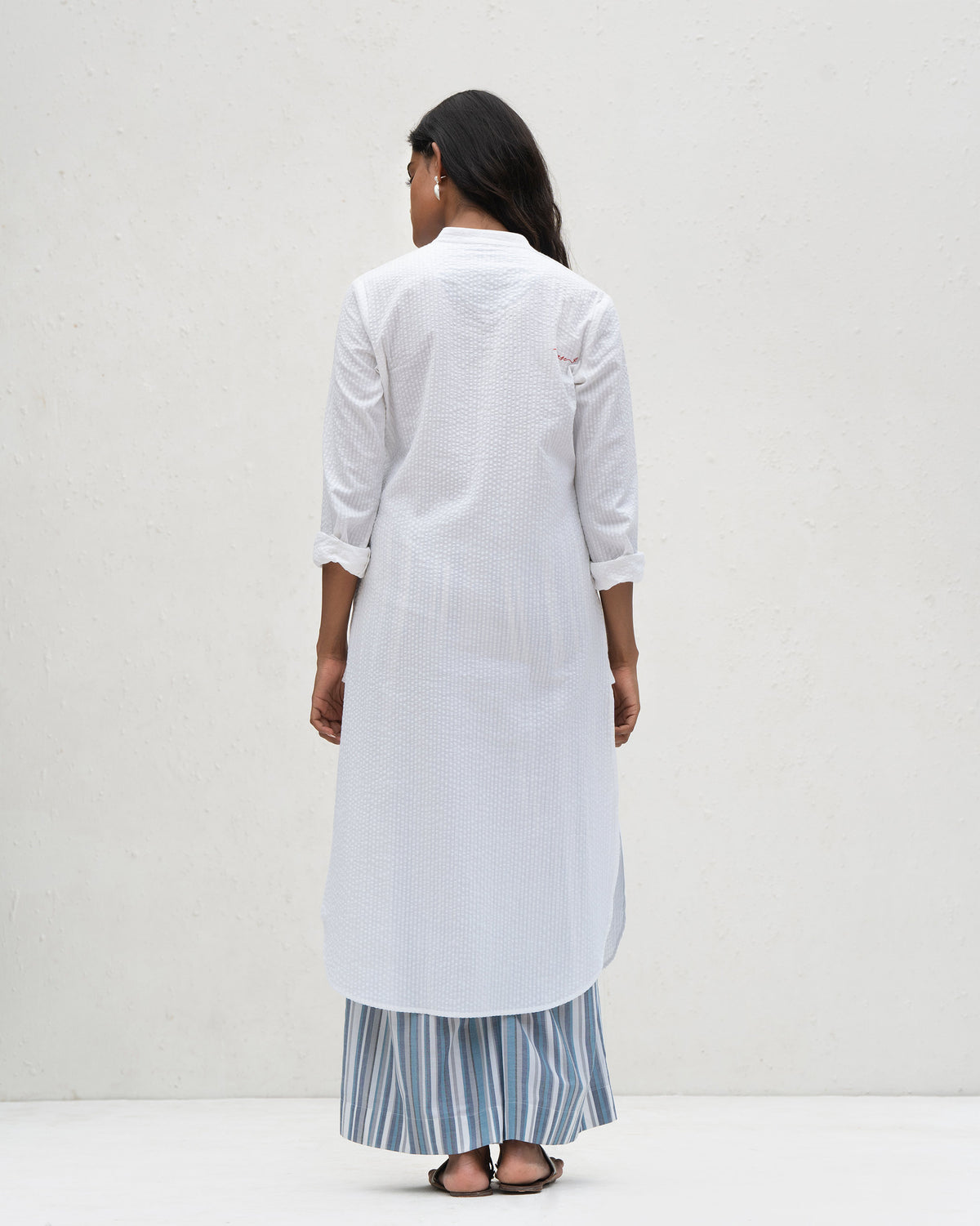 Basic Long Length Kurta - White Seersucker