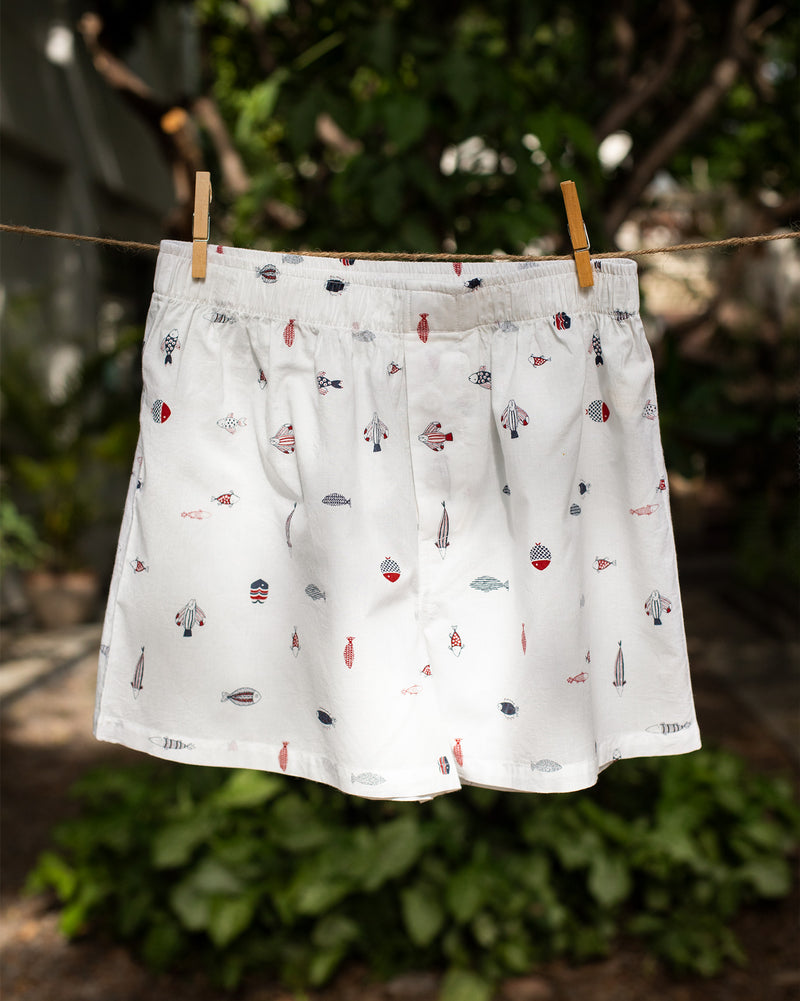Fishy Boxer Set - Blue & Ivory