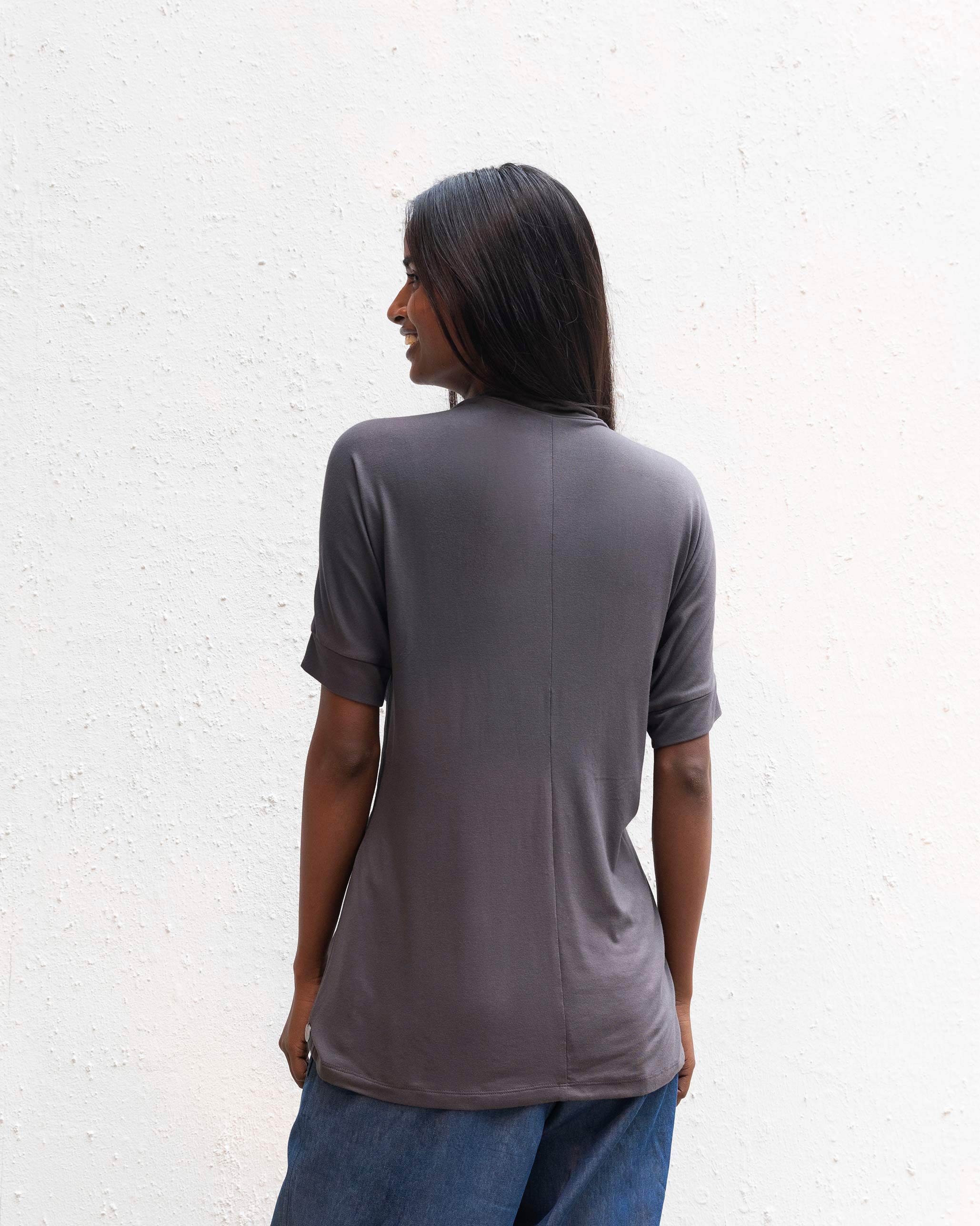 Gathered Jersey Top - Charcoal