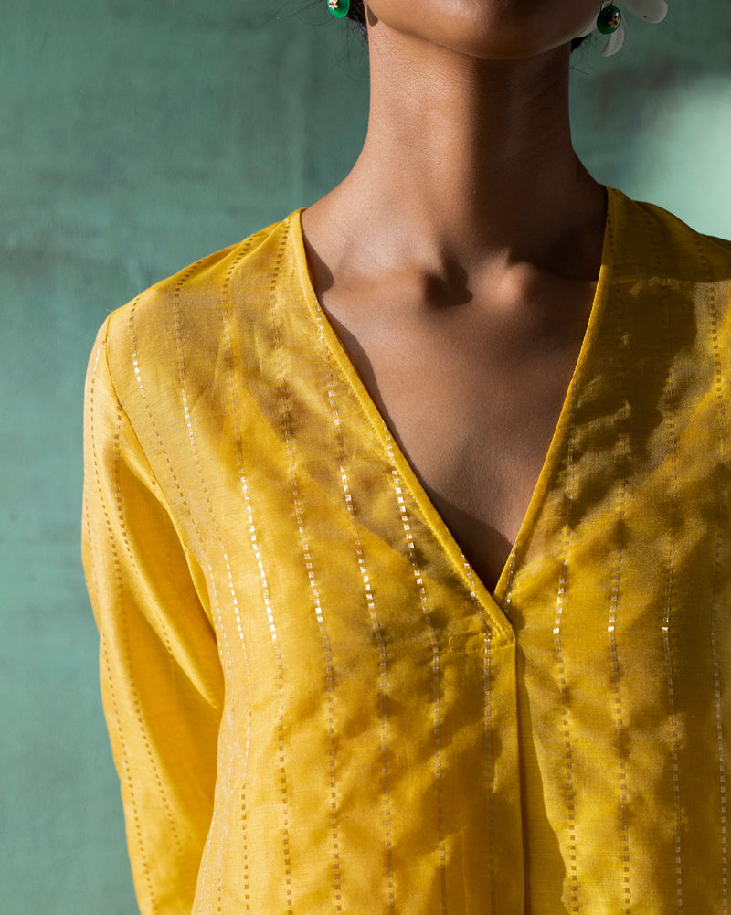 Pleated Kurta & Slip - Yellow & Gold