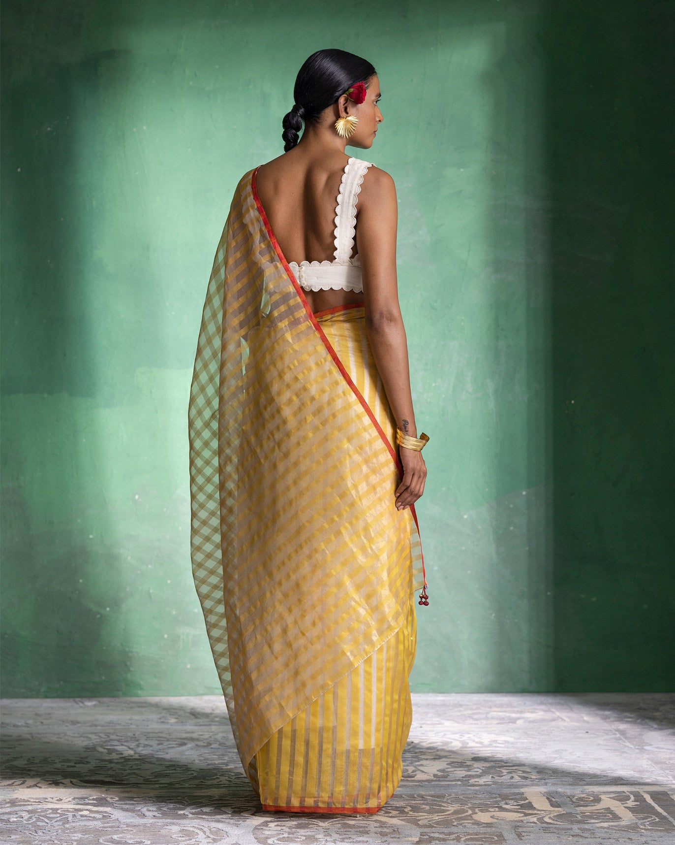Zari Stripe Sari - Mustard & Gold