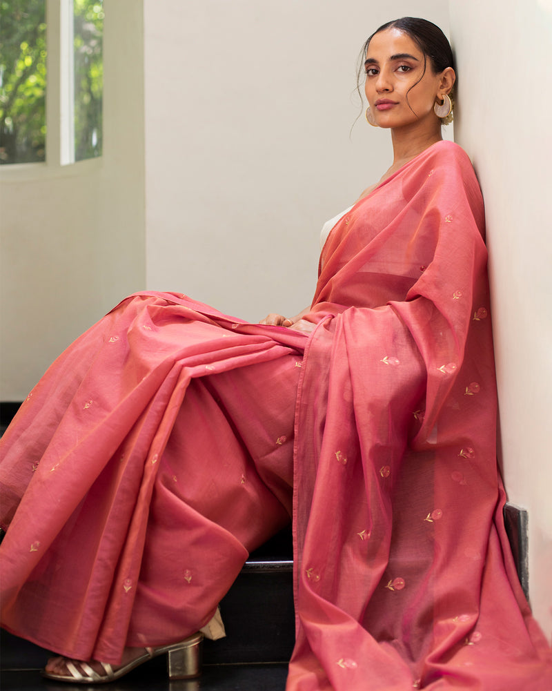 Skyline Sari - Brick Red & Gold